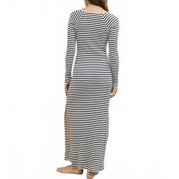 AE Aerie Long Sleeve Knit Tie Front Maxi Dress American Eagle Navy White  NWT L